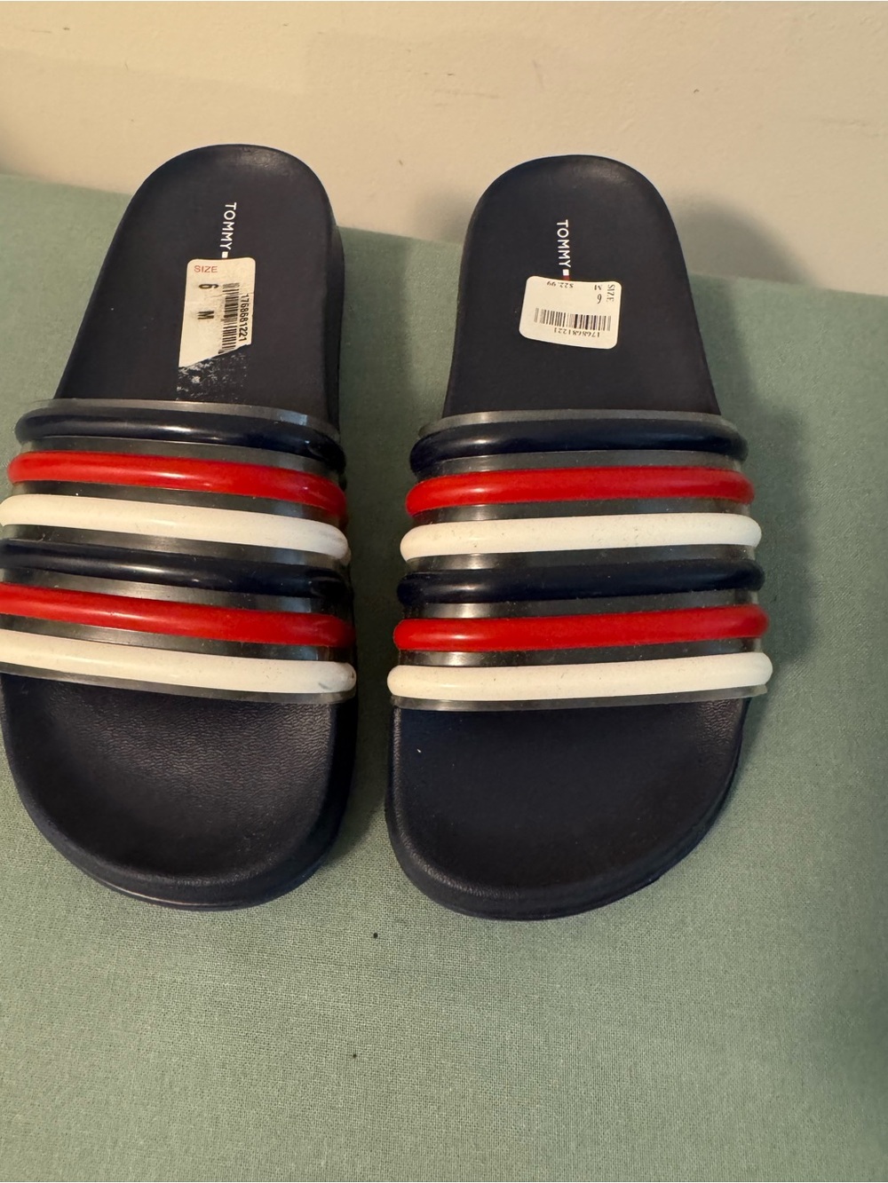 Tommy Hilfiger Striped Navy Slip-On Sandals with Red & White Accents - Picture 1 of 4